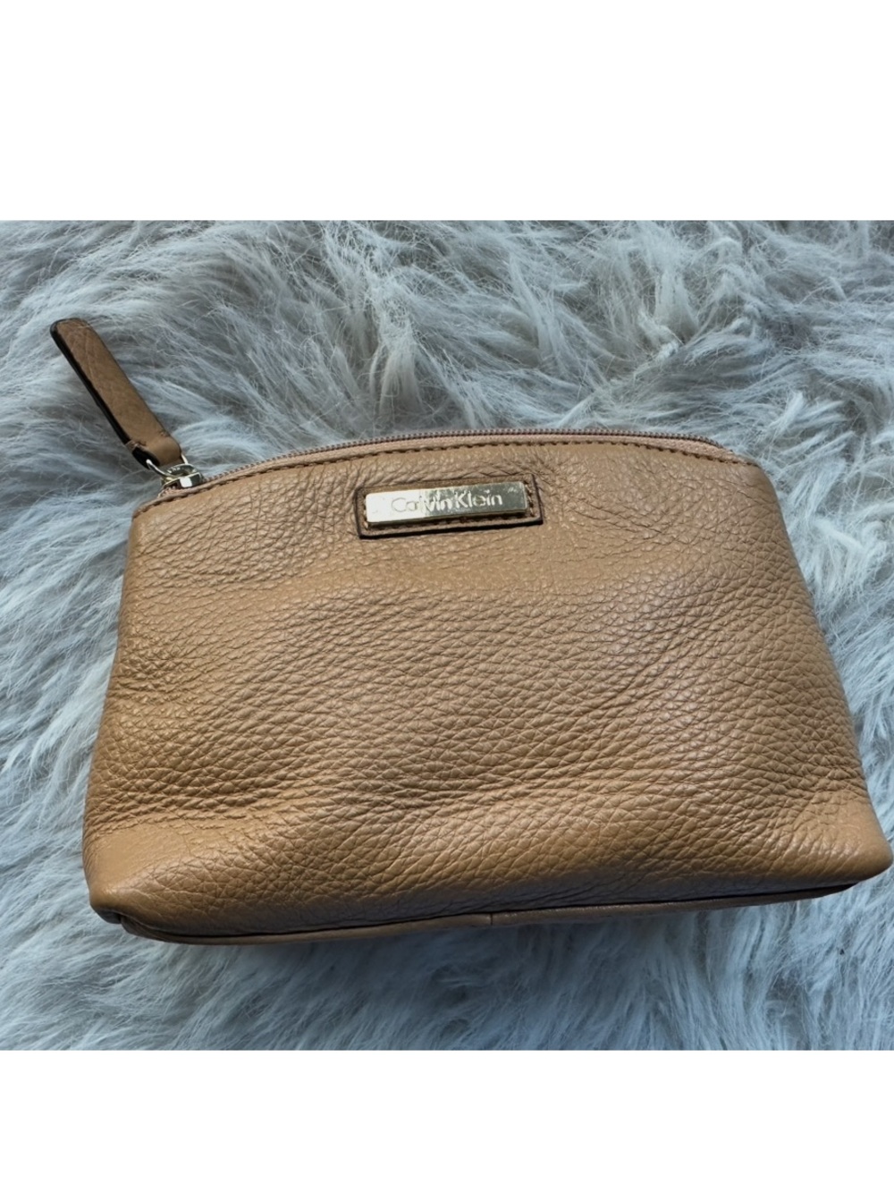 Calvin Klein Camel/Tan Pebbled Leather Wristlet Cosmetic Case